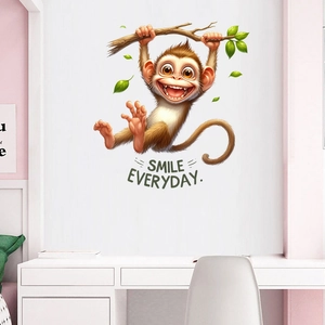 Cartoon monkey on branch wall sticker with Smile Everyday text for kids room decor