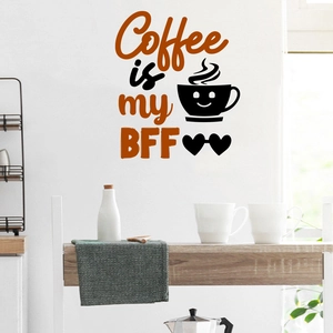 Detail of coffee theme wall decal with Coffee is my BFF text and smiling cup pattern