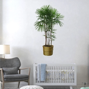 Detail of green leaf plant wall sticker showing woven basket base in a nursery room