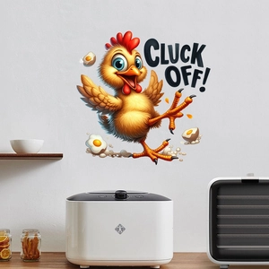 Detailed view of a funny cartoon chicken wall sticker in a modern kitchen setting
