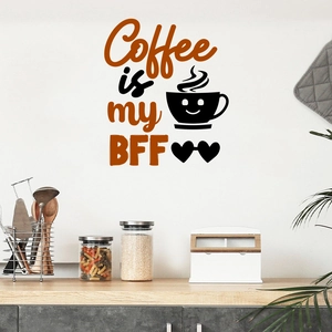 Kitchen scene showing Coffee is my BFF wall decal with heart and smiling cup icons