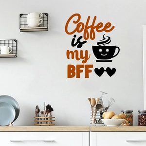 Detail of Coffee is my BFF wall decal showing modern kitchen decoration and artistic icons