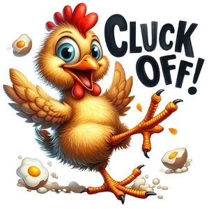 Cartoon chick wall sticker with 'CLUCK OFF' text and broken eggshells for home decor