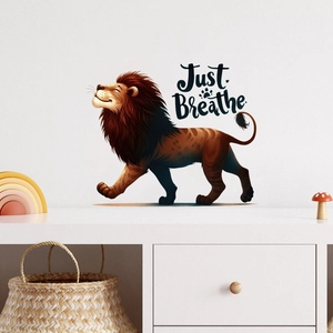 Cartoon lion wall decal with Just Breathe text for nursery or kids room wall decor