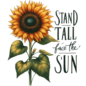 Detail of sunflower wall sticker with Stand Tall face the sun typography and green leaves