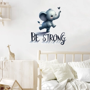 Cartoon elephant wall sticker with BE STRONG slogan for Nordic style kids room decor