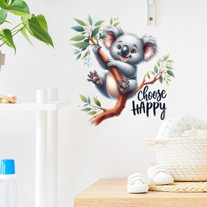 Cartoon Koala On Tree Branch Wall Sticker With Leaf And Choose Happy Text PVC Removable Mural Decal For Kids Nursery Decor