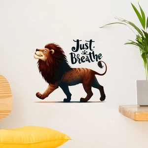 Creative lion wall sticker with Just Breathe quote for modern living room decor