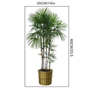 Detailed view of artificial green potted plant with golden woven pot and dimension markings