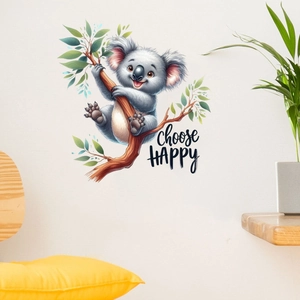 Cartoon koala on tree branch wall sticker with Choose Happy text for nursery decor