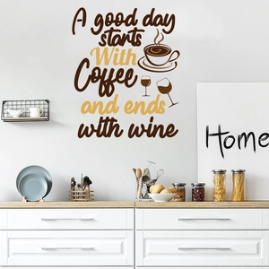 Detail showing self-adhesive coffee wall sticker on a white kitchen wall backdrop