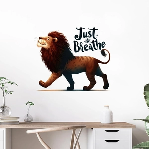Lion wall sticker with 'Just Breathe' quote for a calm home office wall decor