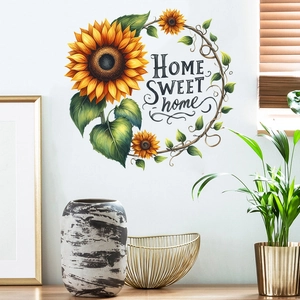 Detail of sunflower wreath wall sticker with Home Sweet Home text in cozy home setting