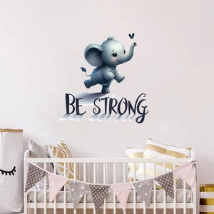 Cartoon elephant wall sticker with BE STRONG text for nursery and baby room decor