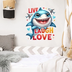 Cute blue cartoon shark wall decal with Live Laugh Love text for children room decor