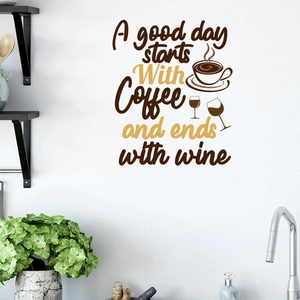 Detail of coffee and wine wall decals with artistic text and steaming mug graphics
