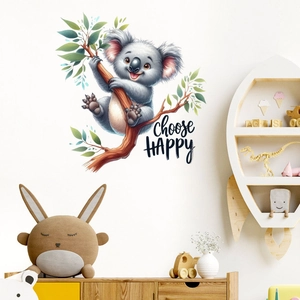 Self-adhesive koala on tree branch wall decal with Choose Happy slogan for kids room