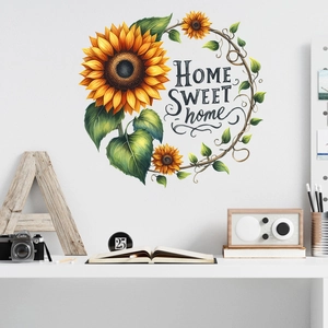 Waterproof sunflower butterfly wall decal with Home Sweet Home text for bedroom decor