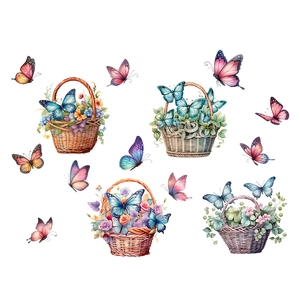 Detail von Wandtattoos mit Blumenkörben, bunten Rosen und fliegenden Schmetterlingen im Set