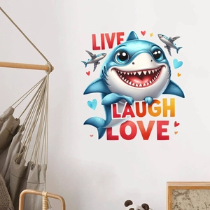 Cute blue cartoon shark wall decal with 'Live Laugh Love' text for home nursery decor