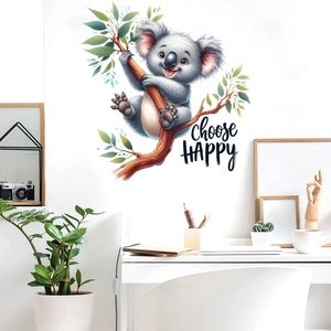 Cartoon koala wall sticker with choose HAPPY text displayed in a minimalist home office