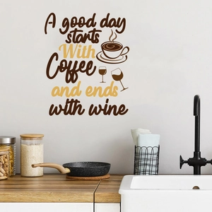 Kitchen wall decal detail featuring coffee and wine quote on a minimalist white wall