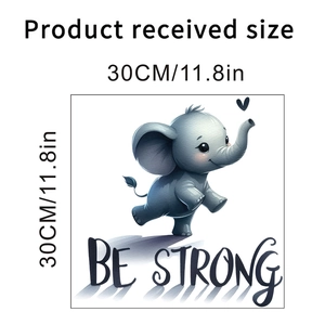 Detail showing the 30x30cm size specification for Be Strong elephant wall sticker