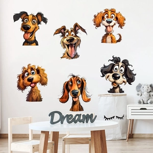 Funny cartoon dog wall stickers set with 6 vivid puppy faces for home wall decor