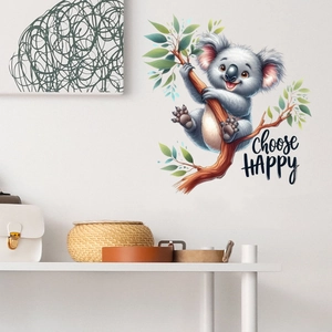 Cartoon koala on branch wall sticker with Choose Happy text for home decor