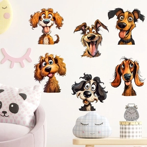 Set of six colorful cartoon dog wall stickers for home decoration on white interior walls