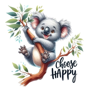 Cute koala on tree branch wall decal with Choose Happy slogan for room decor