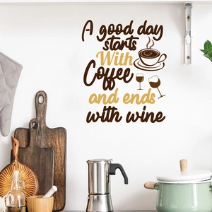 Detail of coffee and wine kitchen wall sticker on clean background with moka pot decor