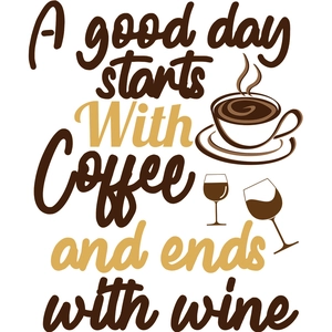 Detail of coffee and wine wall sticker featuring a good day starts with coffee quote