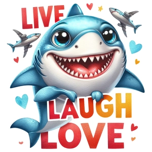 Cute cartoon shark wall stickers with Live Laugh Love typography for living room decor