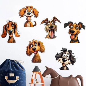 Detailed view of six cartoon dog head wall decals in a warm nursery room setting