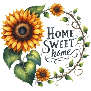 Floral sunflower wreath wall sticker with Home Sweet Home text on white background
