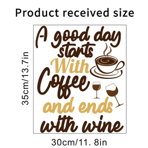 Detail showing dimensions of coffee and wine wall decal with artistic lettering