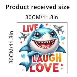 Detail size chart for cute blue shark wall sticker with Live Laugh Love typography