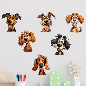 Detailed view of six funny cartoon dog wall stickers with waterproof adhesive PVC surface