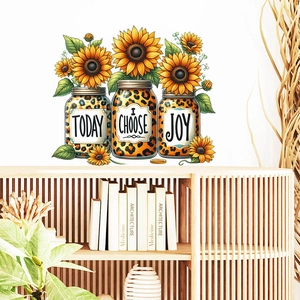 Detail of sunflower wall decals in leopard print jars with 'Today I Choose Joy' text