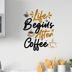 Detail view of coffee wall decal with Life Begins After Coffee text in a modern kitchen