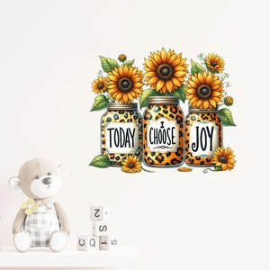 Detail of sunflower and leopard print wall stickers featuring positive joy phrases