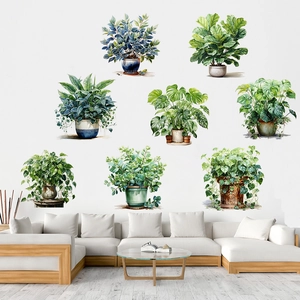 Adesivi Murali con Piante Verdi in Vaso in PVC Stampato Decalcomanie Foglie Acquerello Autoadesivi Impermeabili Casa Camera