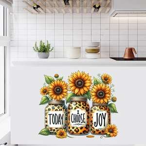 Detail of sunflower wall decals in leopard print jars with Today I Choose Joy text