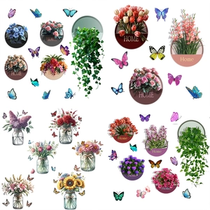 Vibrant garden wall decals featuring floral vases, green ivy plants and 3D butterflies