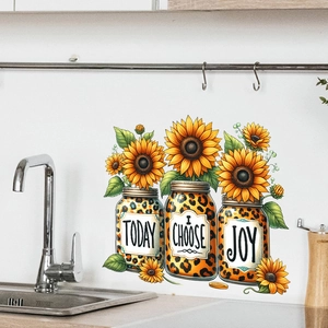 Detail of waterproof sunflower and leopard print jar wall decals above a kitchen sink