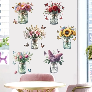 Detail view of 6-piece self-adhesive wall stickers with floral mason jars and butterflies