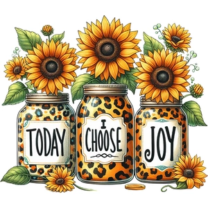 Detail of three leopard print mason jars with sunflowers and Today I Choose Joy quote