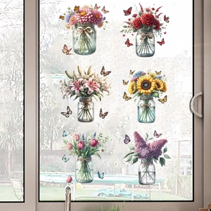 Set of six floral vase window stickers with butterflies and colorful flowers on glass