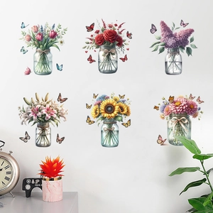 Detail view of 6 floral wall decals featuring colorful flowers and butterflies in jars